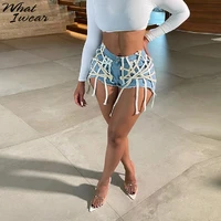 whatiwear patchwork rope cotton denim shorts women skinny pocket tight jean shorts streetwear summer casual street outfits