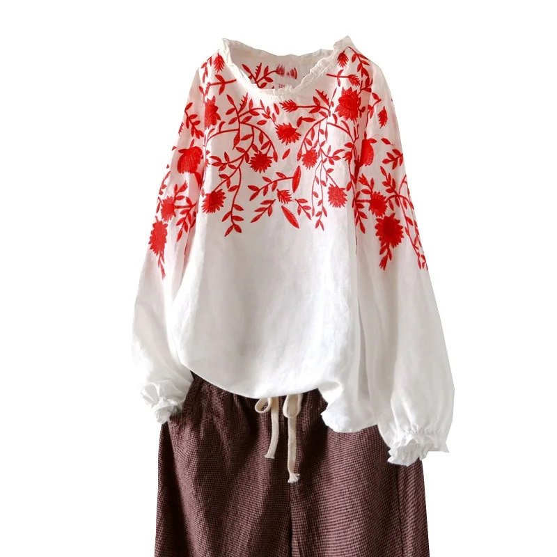 

Vintage Flower Emboridery Women T-shirts 2021 Summer New Ruffles Lantern Sleeved Loose Lady Elegant Pulls Tops Tees Top Quality