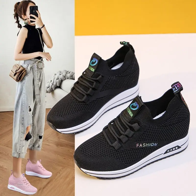 

White Platform Shoes Hidden Heel Women Casual Platform Sneakers Women Height Increase Wedges Shoes For Women Trainers Black Pink