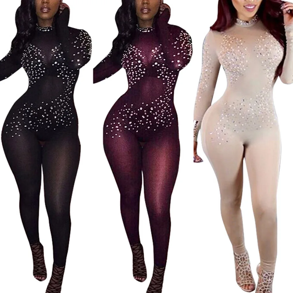 New Sexy Night Party Club Women Black Lace Sheer Mesh Jumpsuit Casual Rhinestone Long Sleeve Bodycon Rompers Female Overalls