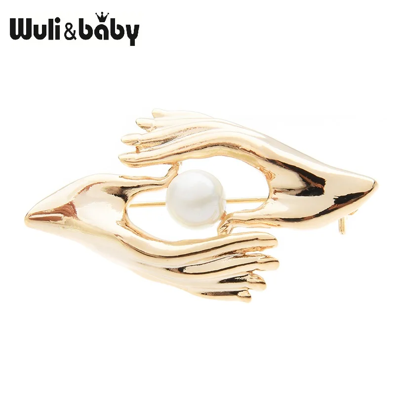 gold Wuli&baby, жемчуг, золото, серебро, пара брошки в виде рук, для женщин и мужчин, свадебная, банкетная брошь, булавки, подарки - Окраска металла: gold
