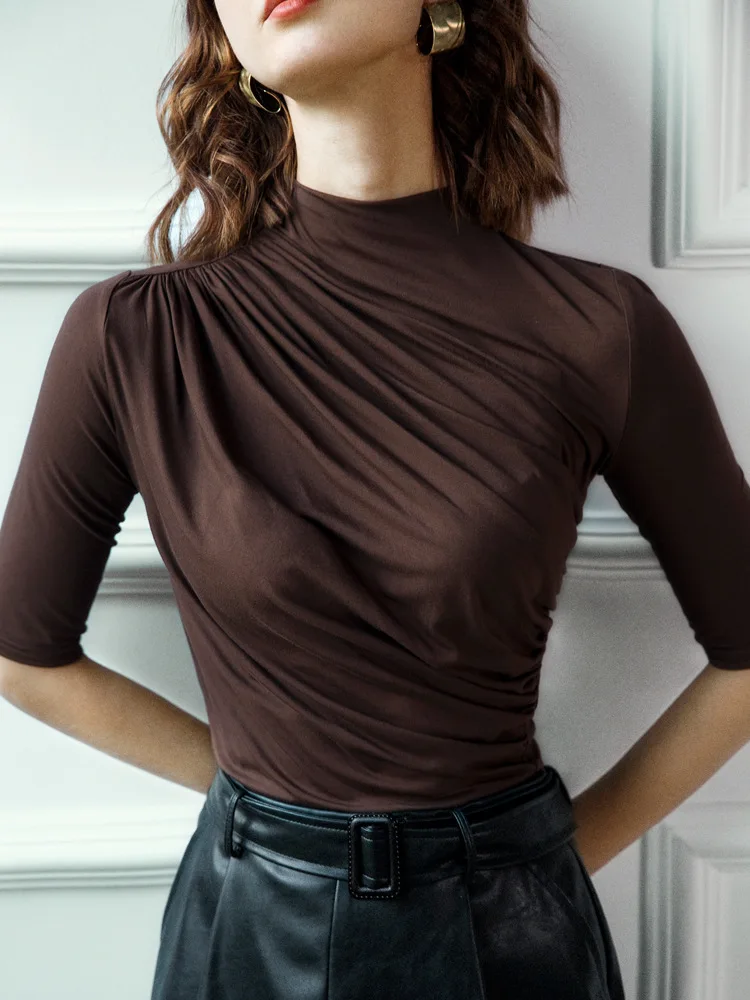 Womens Soft Modal T-shirt Half Sleeve Turtleneck Women's Top Spring & Autumn Causal Lady Clothings Solid color basic shirt