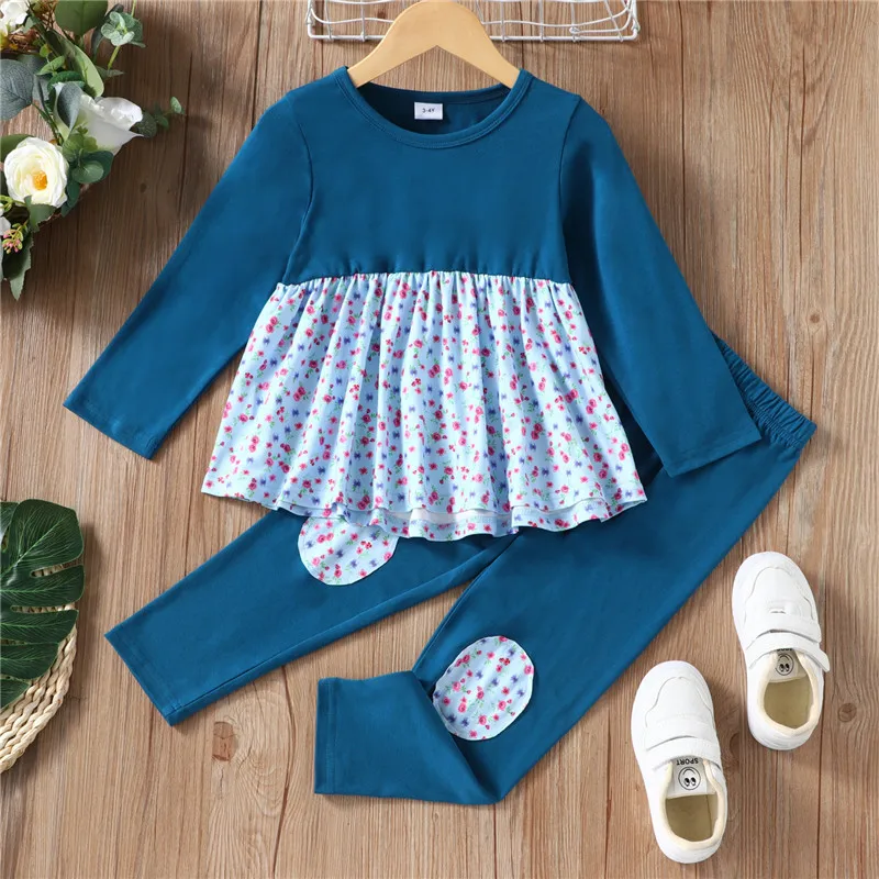 

Autmn Baby Girls Clothing Set Long Sleeve Patchwork Floral Dress Trousers 2Pcs Toddler Kids Fashion Outfit