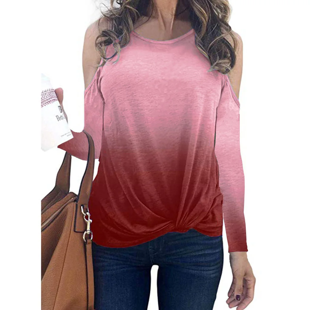 

Rainbow Printed Twisted Long-sleeved T-shirt Kawaii Graphic Tees Hollow Out Print Gradient Shirt Plus Size Women 2020 Summer