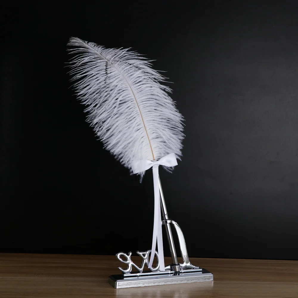 

White Feather Signing Pen with Metal Love Holder Wedding Pen Set (Silver)