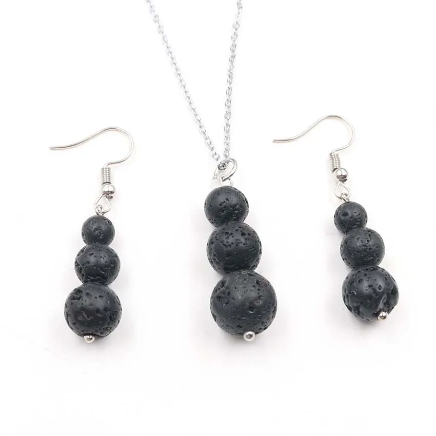 Многослойные Круглые бусины черный камень лавы посеребренное ожерелье висячие