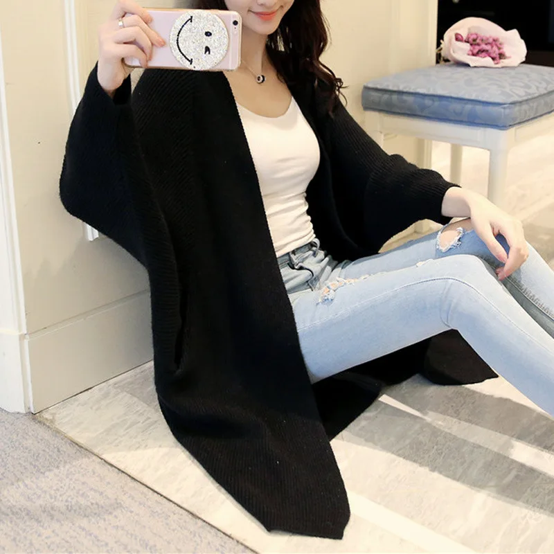 Женский вязаный кардиган однотонный с V-образным вырезом и длинными рукавами