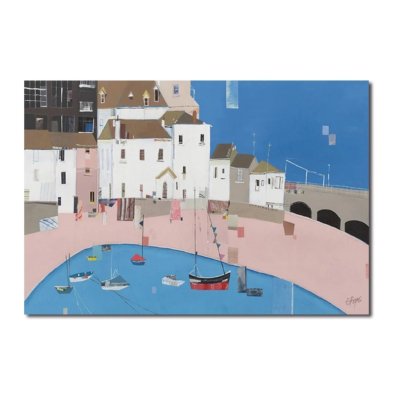 

Poster Abstract Painting Boat Beach Sea Water Town Building Canvas Painting Wall Art Home Decoration for Living Room and Bedroom