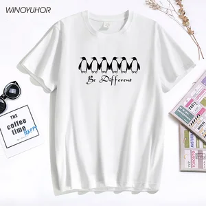 Новые летние футболки Be Different Funny Penguin, футболка с принтом, женская футболка для отдыха с коротким рукавом и круглым воротником, трендовая футболка
