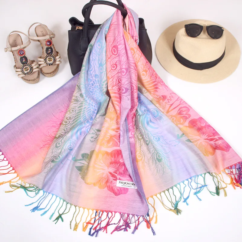 

Color Gradient Peacock Ladies Bohemian Scarf Ethnic Style Shawl Korean Jacquard Shawl Luxury Scarf Women Designers Bufanda