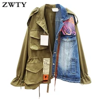 zwty new fashionable versatile jacket loose stitching contrast color denim jackets for the womens trend spring autumn 2021