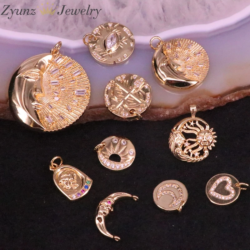 

10PCS, Shiny Gold Color Moon Sun Eye Pendant Necklace, Cz Charms,Gold Plated Findings