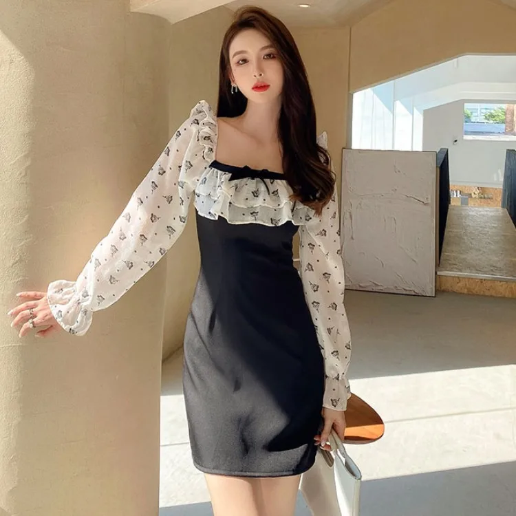 

Женское винтажное мини-платье с оборками, элегантное платье во французском стиле с квадратным вырезом, слитное вечернее платье, 2021