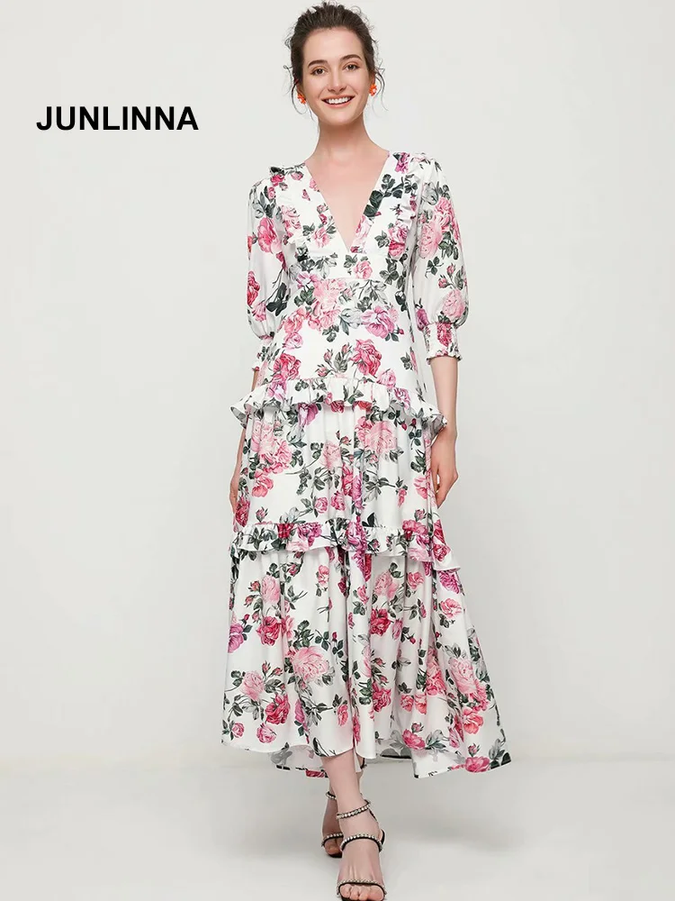 

Хлопковое платье-макси с V-образным вырезом и рукавами-фонариками