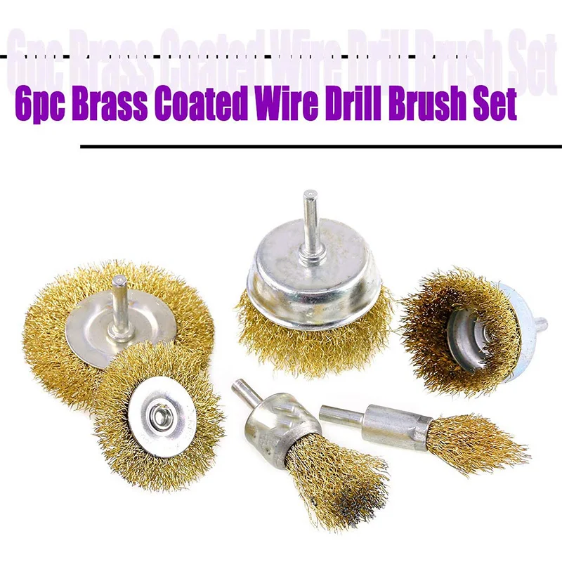 

6Pcs Brass Coated Wire Brush Wheel Cup Brush Set with 1/4-Inch Shank, 6 Sizes Coated Wire Drill Brush Set Retail