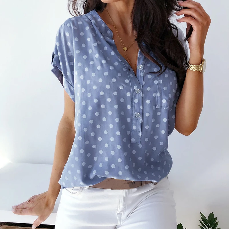 

Blue Polka Dot Print Womens Tops And Blouses Short Sleeve V Neck Slim Blouse Women Summer Clothes Casual Loose Shirts Streetwear