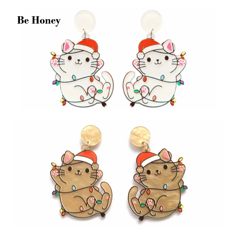 

Lovely Christmas Glitter White And Brown Cat With Colorful Light Bulbs Acrylic Stud Earrings For Girls Xmas Holiday Jewelry Gift