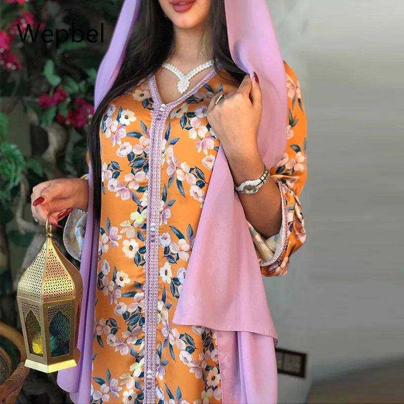 

Женское платье с цветочным принтом, V-образным вырезом и длинным рукавом