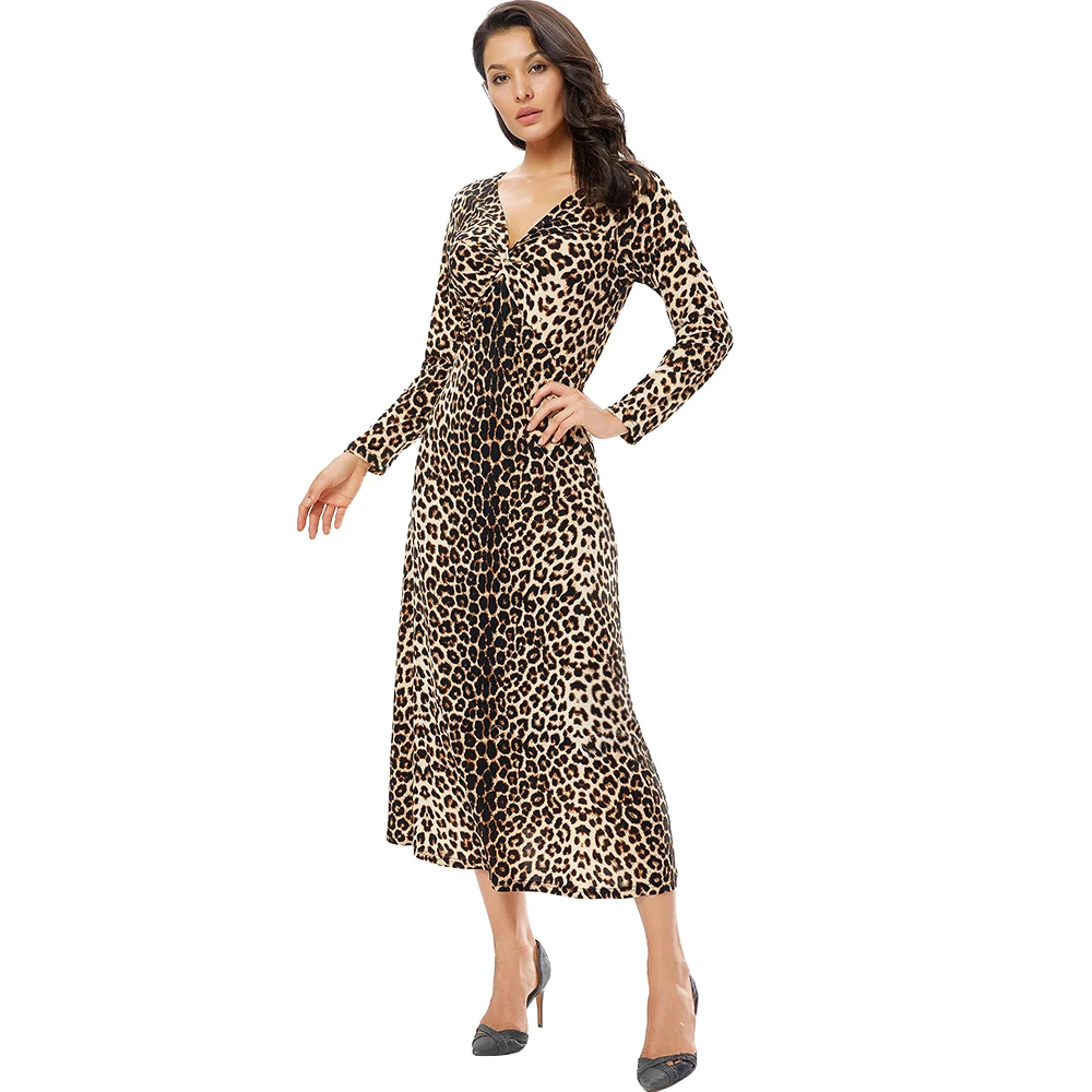 YTL Women 2020 Fashion Winter Long Sleeve Leopard Dress Vintage Sexy Twist V Neck Bodycon Christmas Party Dresses H158 | Женская одежда
