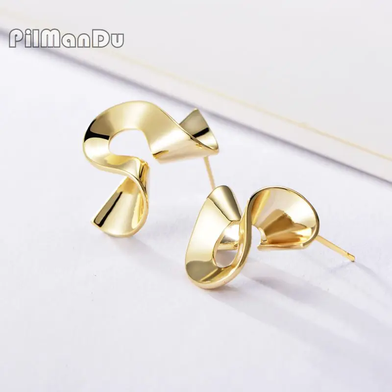 

PilManDu Irregular Twisted Glossy Stud Errings for Women Gold Color Earrings Piercing Jewelry 925 Sterling Silver Wholesale