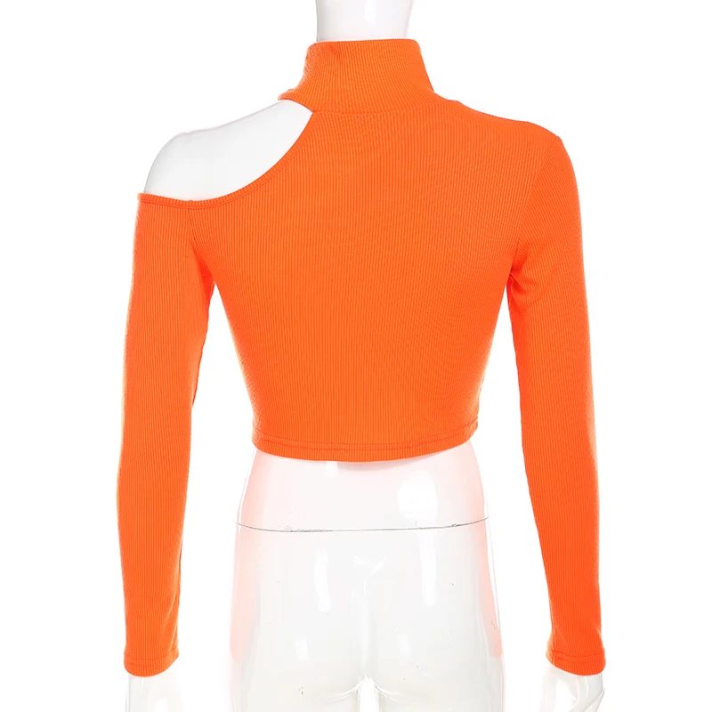 

Shoulder Cut Out Winter T-Shirt Women Solid Turtleneck Autumn Crop Top Long Sleeve Tee Shirt Slim Sexy Basic Tshirt