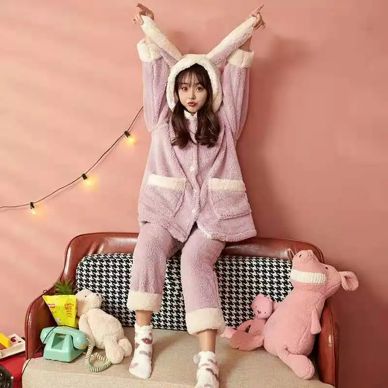 Coral Fleece Pajamas Sets For Women Sleepwear Flannel Winter Thick Warm Pyjamas for Women Homewear Clothes conjunto femenino