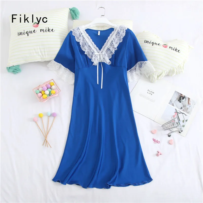 

Женская кружевная ночная рубашка Fiklyc с коротким рукавом, Однотонная ночная рубашка с узором, Новинка лета и весны 2022, ночные рубашки мини