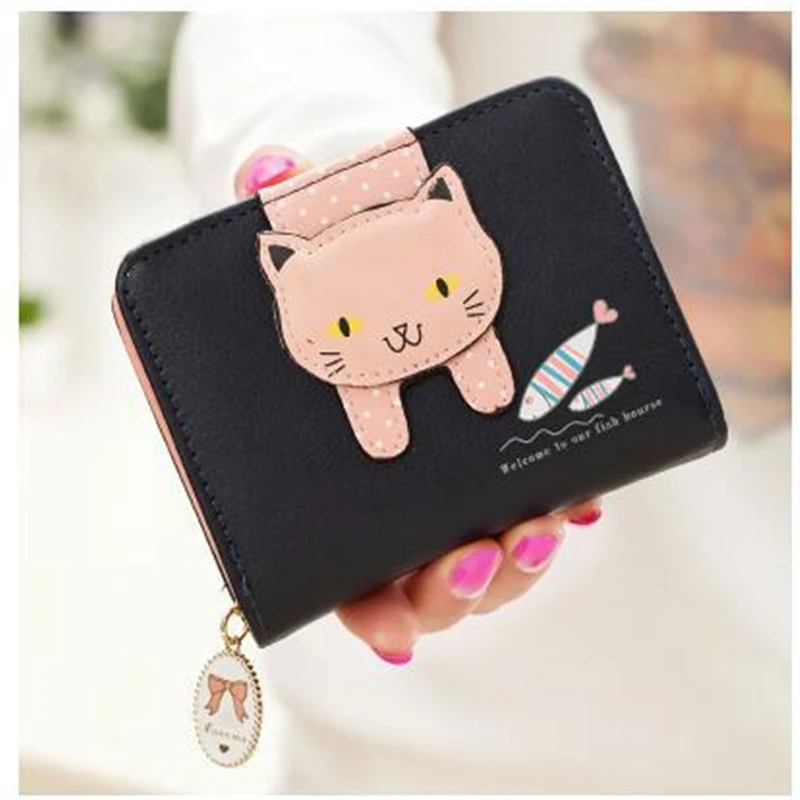 

Wallet Women Short Cartoon Cat Zipper Coin Purses Female Solid Color Pu Leather Cute Hasp Card Holder Clutch Mini Money Clip