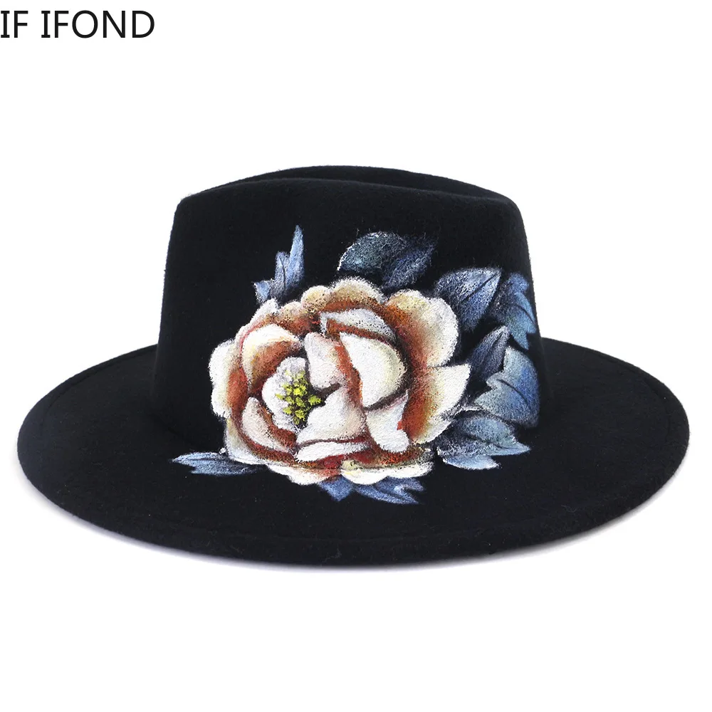 

New Hand Painted Fedora Jazz hats Women and Men winter Wide Brim Wool Felt Hat Panama Gamble Jazz Cap