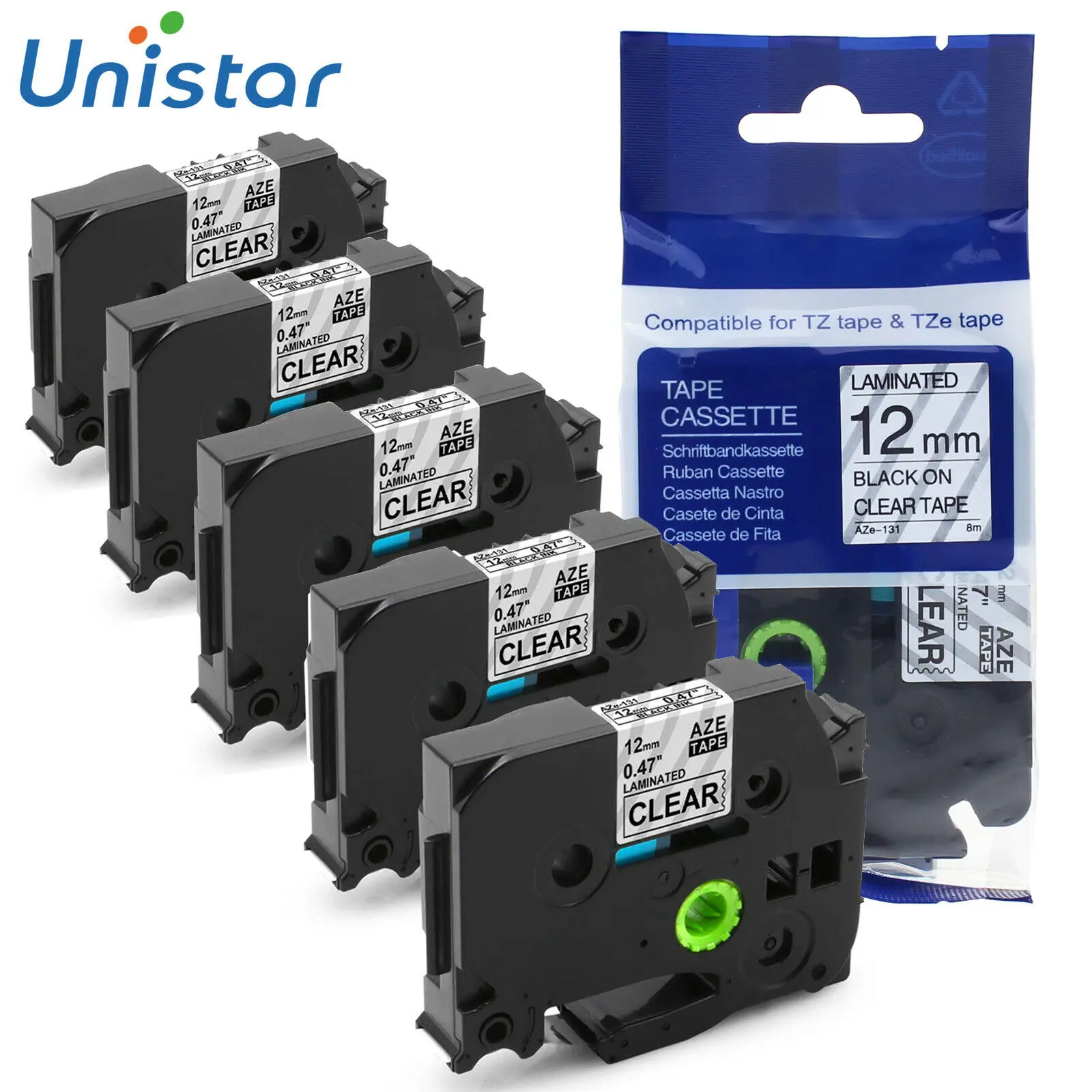 Unistar 5 шт. TZe-131 12 мм совместимая с Brother P-touch лента Черная на прозрачных лентах для