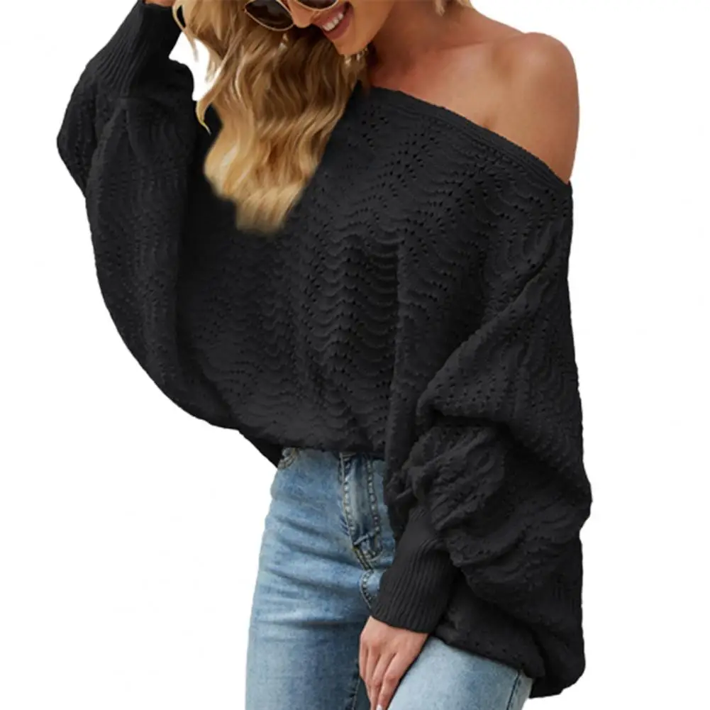 

Ele-choices Women Sweater Hollow Out Batwing Sleeve Autumn Winter Off Shoulder Slash Neck Strapless Knitted Pullover for Daily