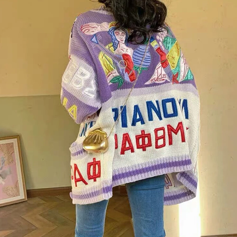 Вязаный кардиган в стиле Харадзюку вязаный свитер пуловер винтажный с вышивкой