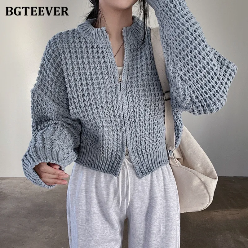 

BGTEEVER Vintage Thicken Warm Ladies Short Sweaters Cardigans Full Sleeve Zippers Loose Female Knitted Tops 2021 Autumn Winter