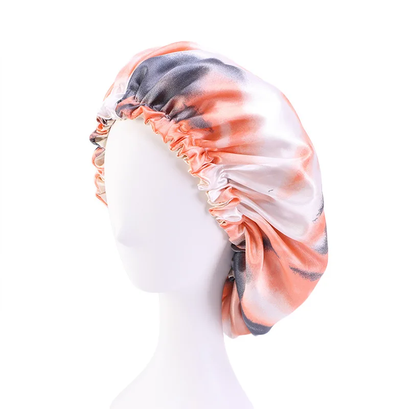 

Tie-Dyed Color Nightcap Double-Layer Shower Cap Women's Beauty Thermal Heat Cap Artificial Silk Bonnet Wholesale Stain Bonnet