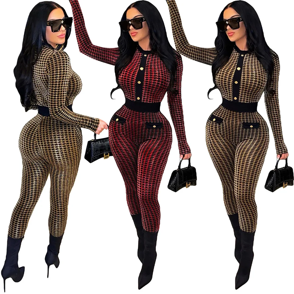 

Adogirl Sexy Plaid Print Skinny Jumpsuit For Women Autumn Long Sleeve Fashion One Piece Streetwear Romper Night Party Overalls