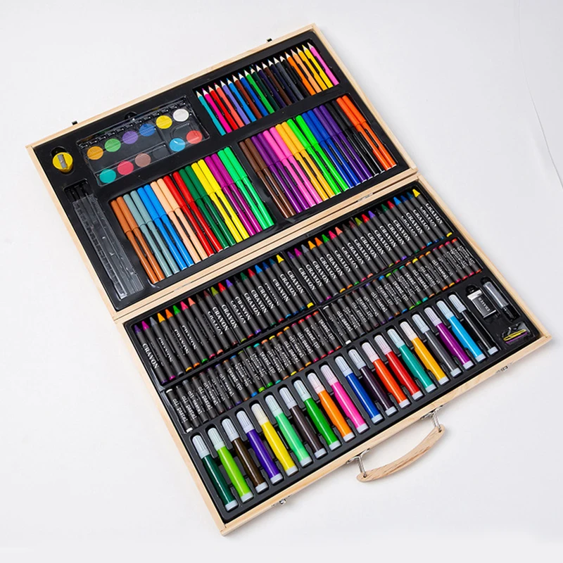 180PCS/set Art Painting Set with Wooden Box Children's Drawing Watercolor Brush Colored Pencil Marker Crayon | Канцтовары для