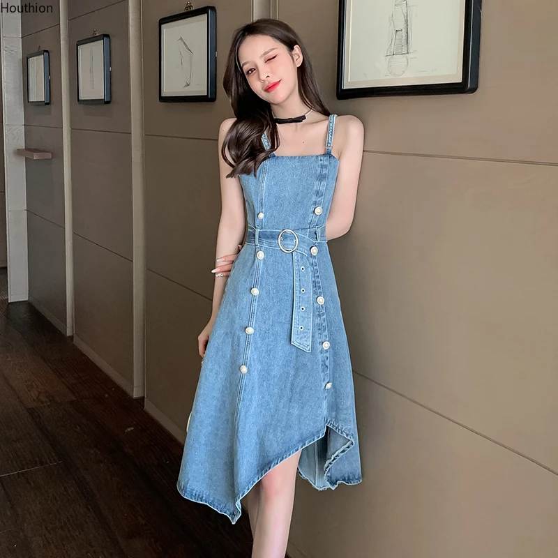 

Women's Denim Dress Fashion Casual Dresses Sleeveless Square Collar Sling Solid Color Summer New Korean Large Size