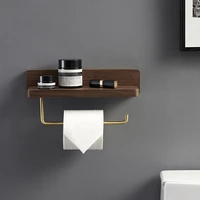 retro walnut solid wood toilet paper tower holder bathroom wall mount wc paper phone holder brass shelf towel roll paper holder