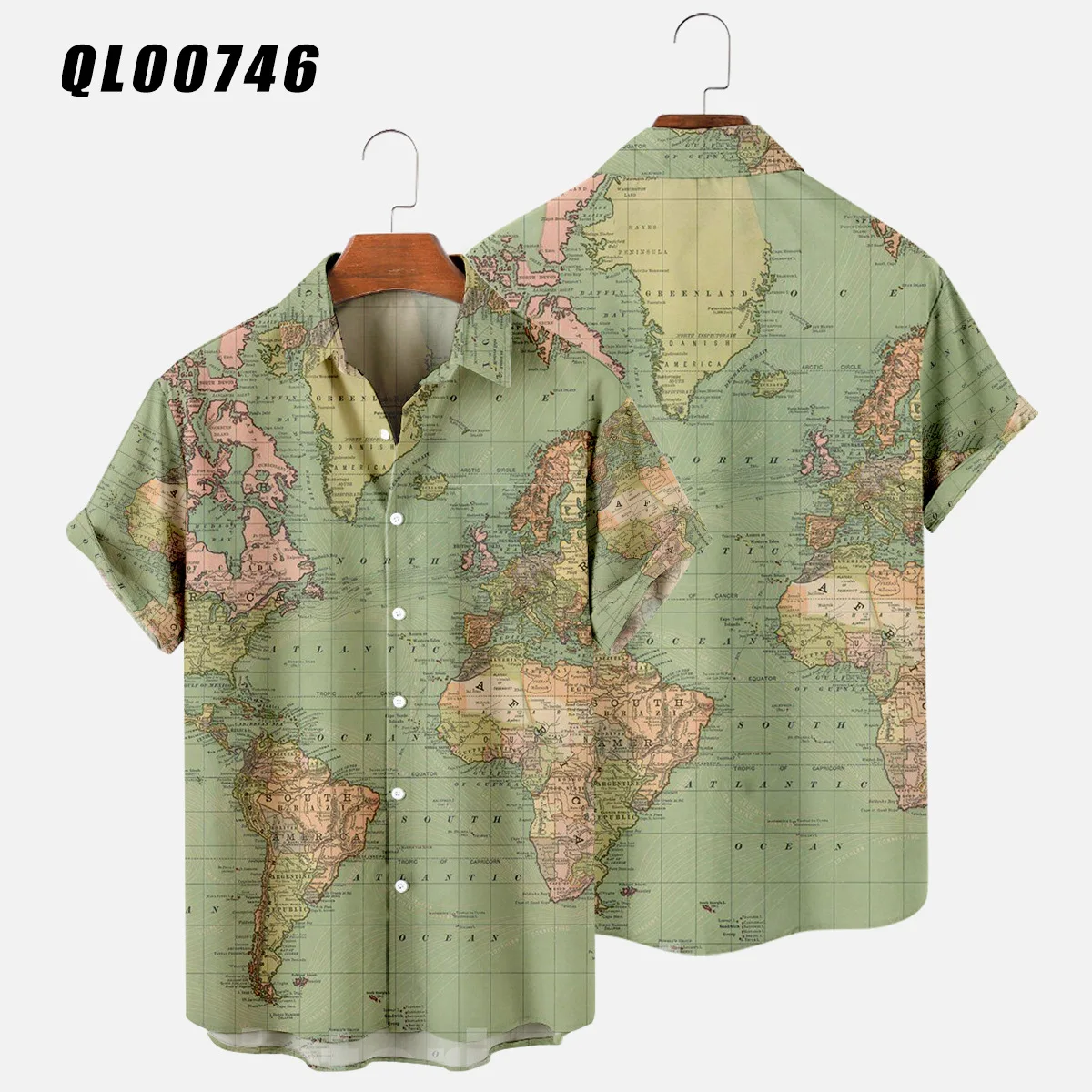 

2021 Mens Hawaiian Short Sleeve Buttons Shirt Male Casual Green 3D Map Printed Beach Shirts