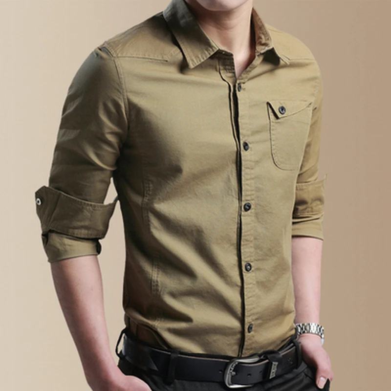 

Tide Spring Men High Quality Military Casual Brand Long Sleeve Shirt Man Autumn 111% Cotton Army Green Shirts M-5XL