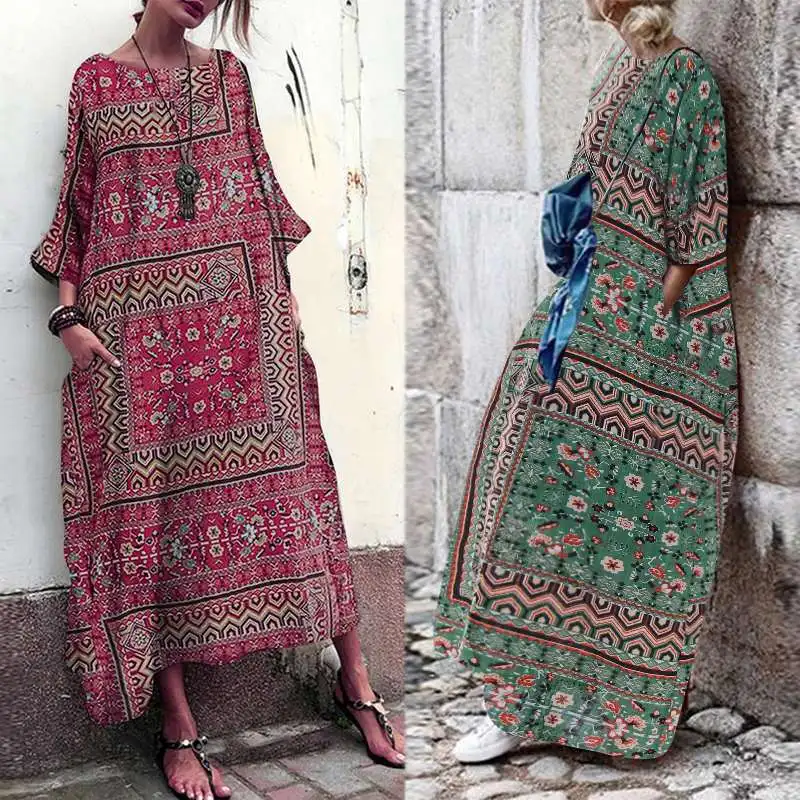 Летнее платье макси, женское Полосатое летнее платье, ZANZEA, богемное, рукав 3/4, мешковатое платье, женское платье с круглым вырезом, лоскутное платье размера плюс