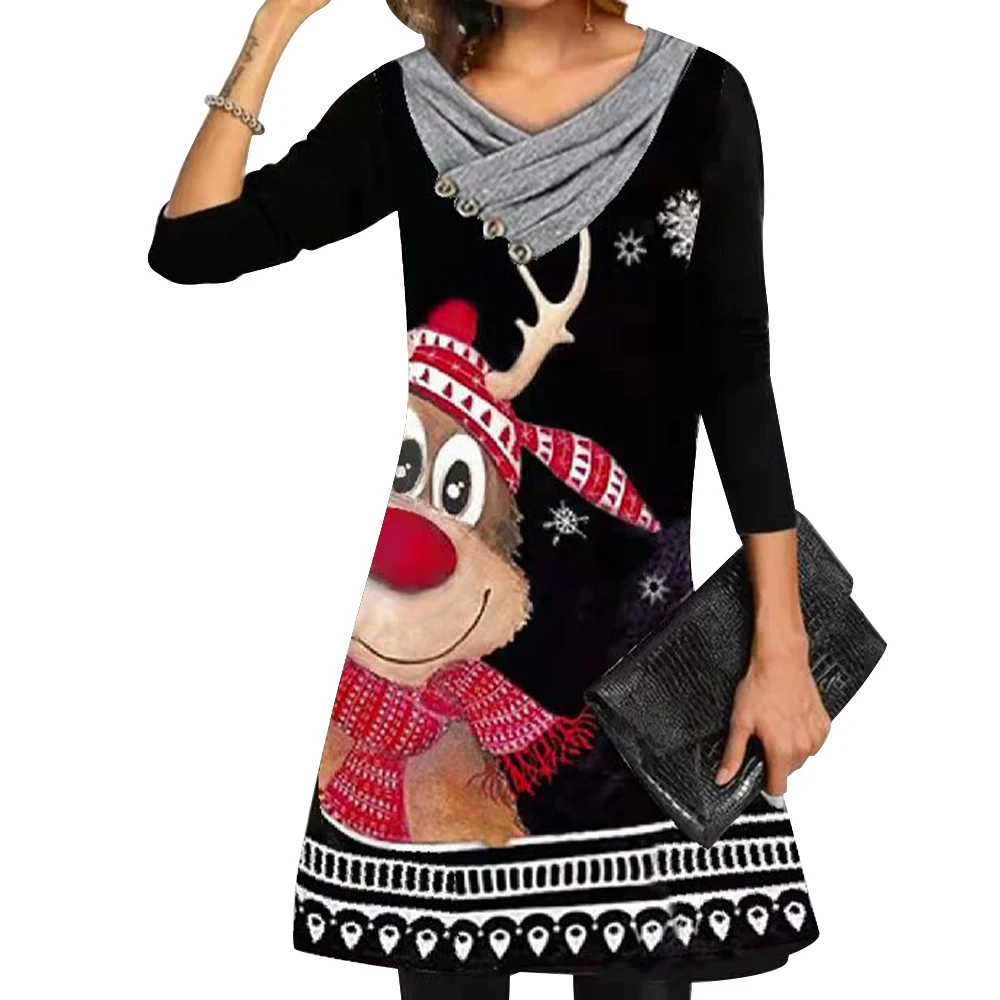 

Christmas Knee Length Cartoon Elk Print Dresses Spring Autumn Pullover Casual Long Sleeve Knitted V-Neck Female Xmas Swing Dress