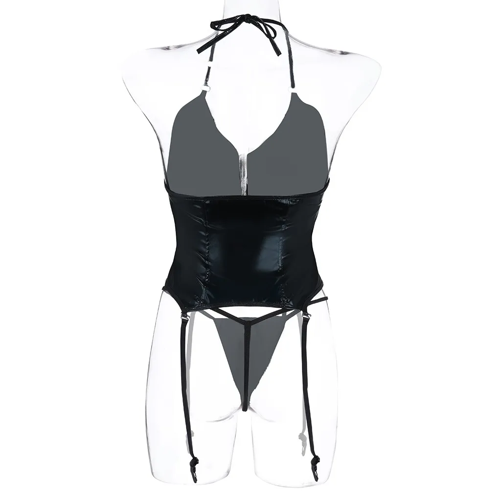 

Womens Sexy Leather Underwear Zipper Bodysuit With Garter Thong Set Lingerie Pantyhose Female Charming Erotic Lingerie 2021