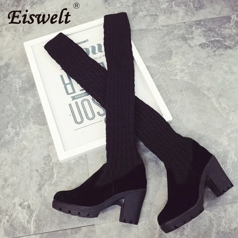 EISWELT/осенне-зимние эластичные облегающие теплые высокие вязаные сапоги до бедра