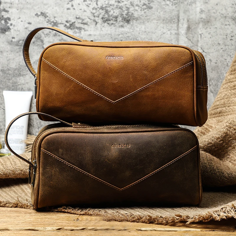 Kopen Contact's Vintage Toilettas Crazy Horse Lederen Cosmetische Bag Organizer Make-Up Case Voor Mannen Grote Capaciteit Opslag Handtassen