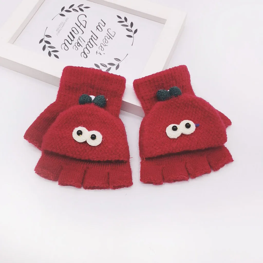 Детские зимние теплые вязаные перчатки с рисунком кота из мультфильма для