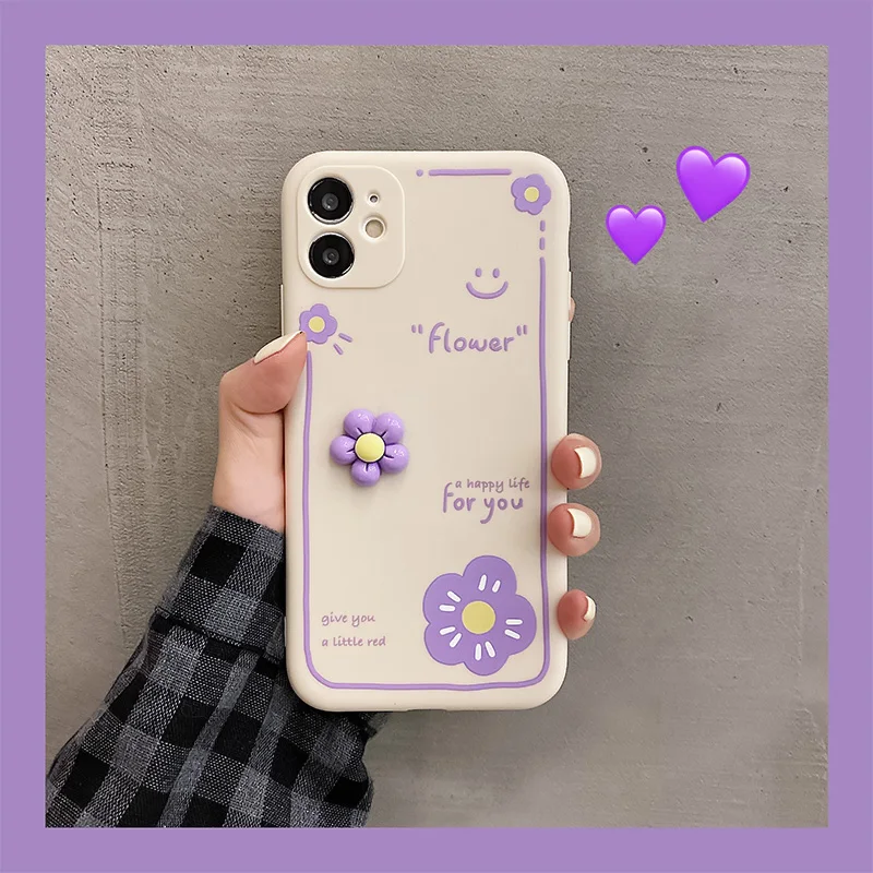 

​For iPhone 12 Smiling Face Phone Case iP 11 promax Three-dimensional Flowers Phone Cover iP 12 promax Soft slicon Fashion Shell