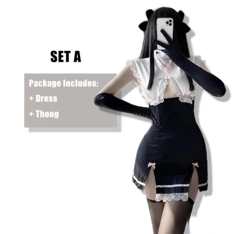 

Sexy Costume Halloween Lace Back Hollow Slit Short Skirt Maid Uniform Suit Temptation Costumes for Women Adult Bunny