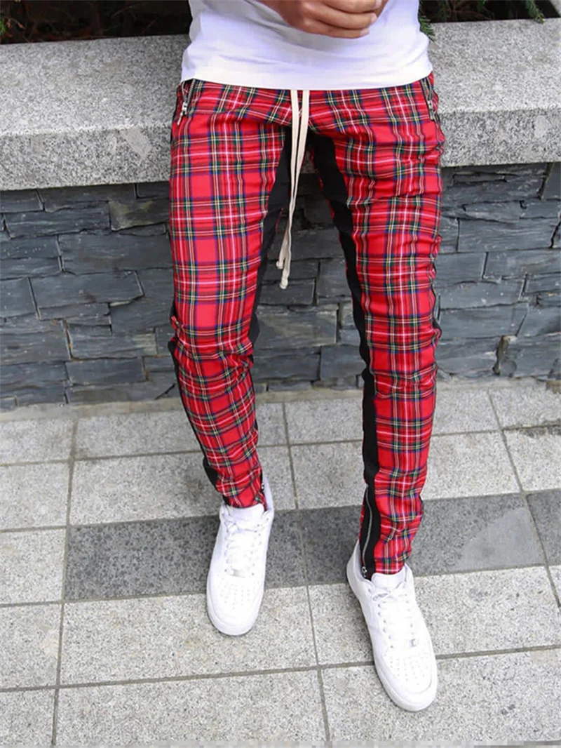 Plaid Pants Men's Korean Version Checked Fashion Patchwork Color Matching Small Legs Trouser Slim Casual Sports Pencil | Мужская