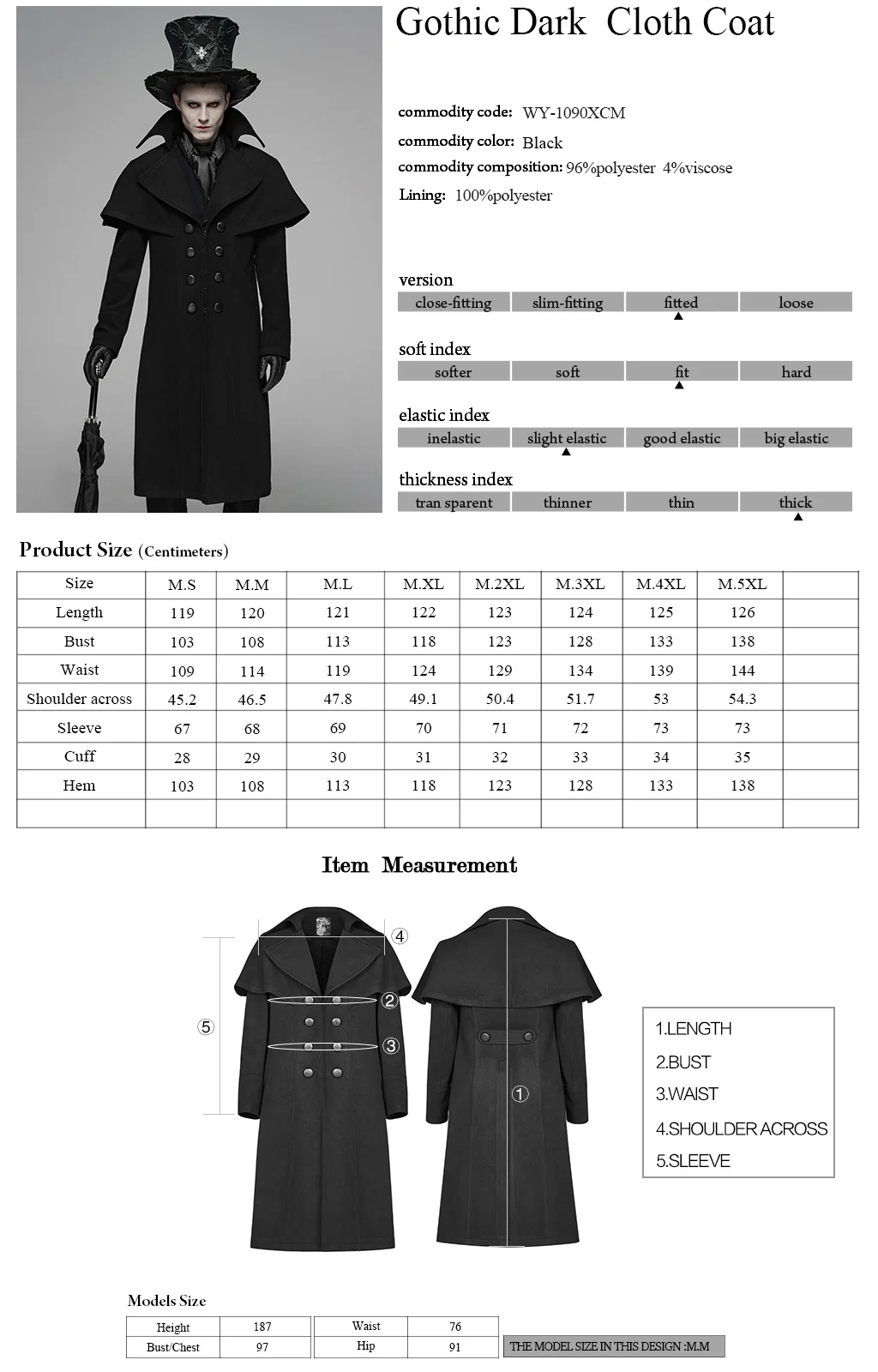 

PUNK RAVE Men's Gothic Dark Jacket Simple Style Party Palace Dinner Stage Performance Costume Mens Winter Long Trench Coats